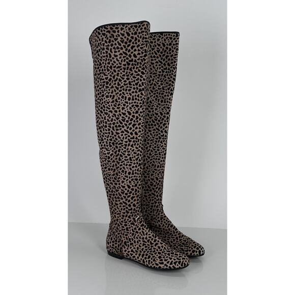 ⭐️ Flat Over The Knee Tall Boots Cow Hide Leopard Sz...